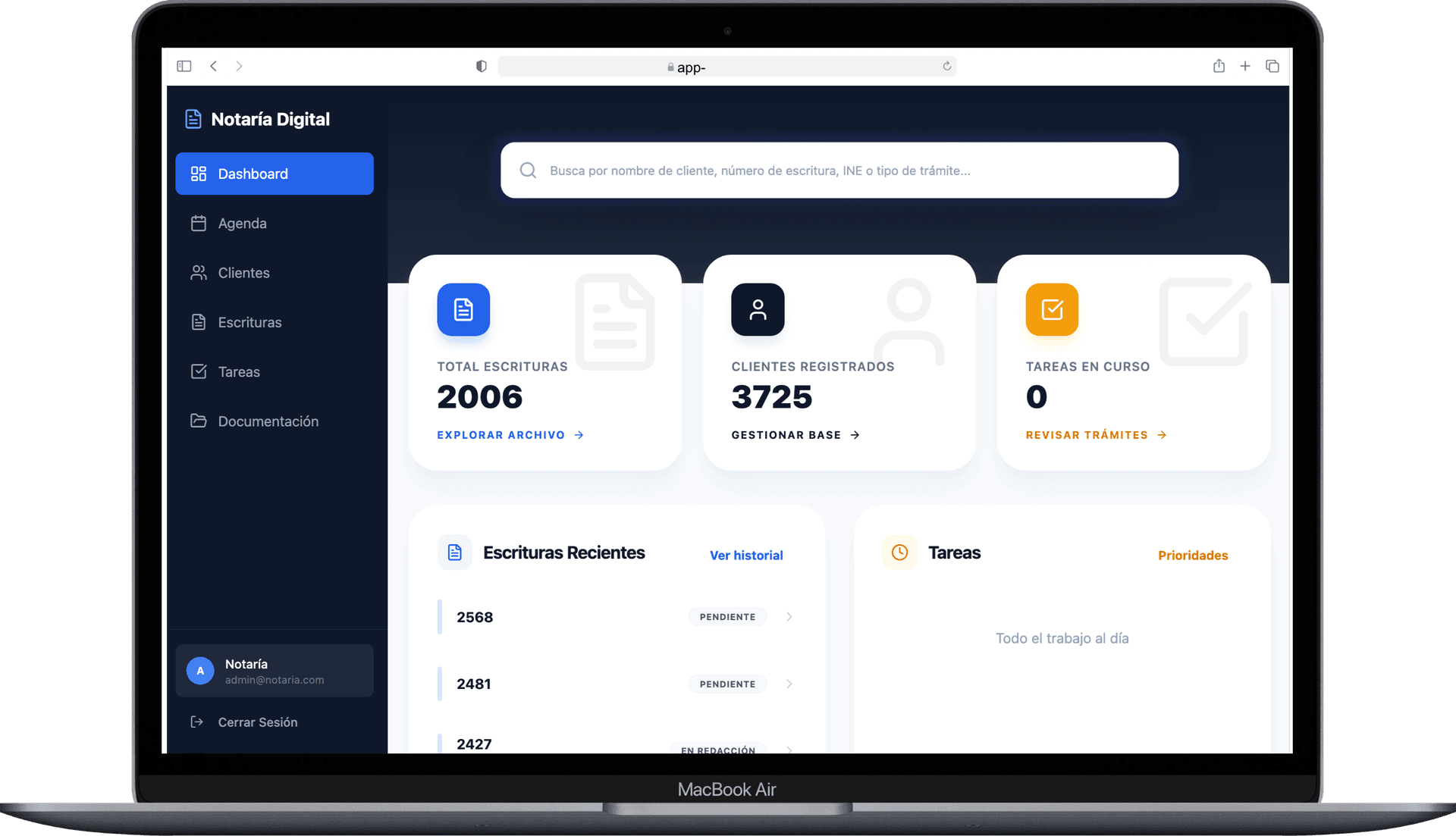 Notaria App — Dashboard en desktop